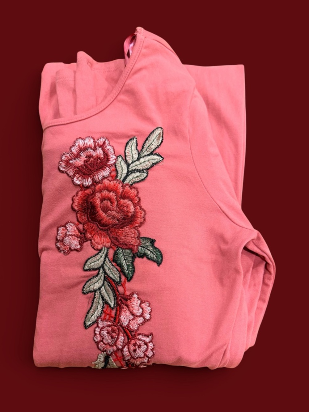 love J Coral Pink Jumpsuit with embroidered flowers.